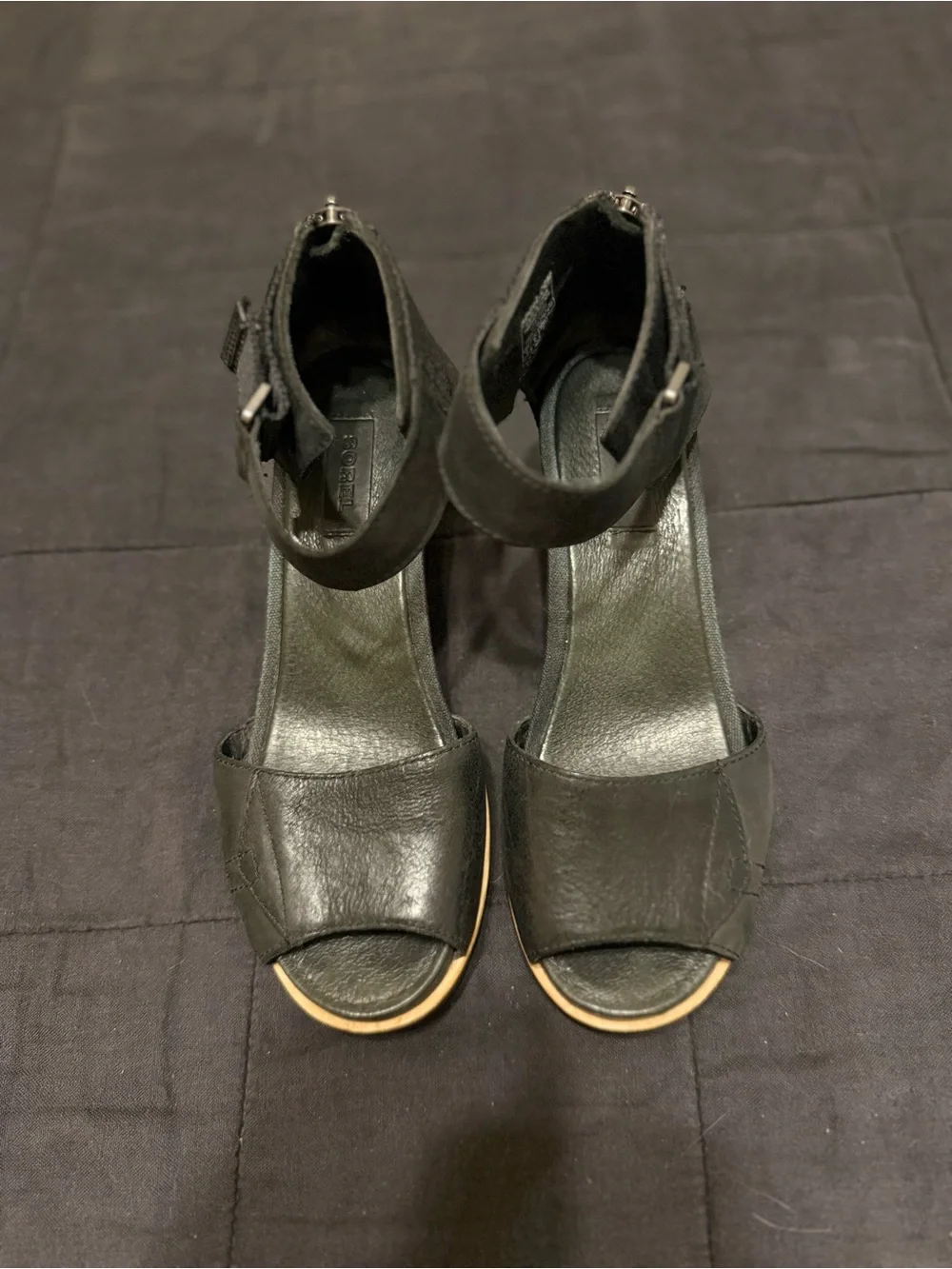 Sorel Joanie II Black Wedge Sandals with Ankle Strap